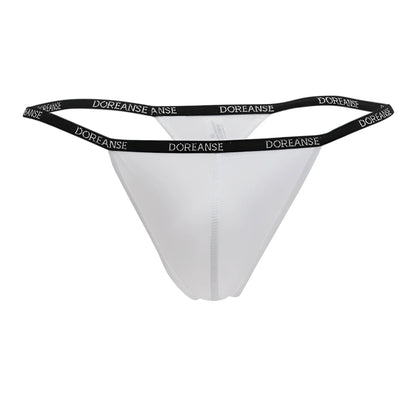 White doreanse 1390-wht aire thong with black elastic waistband featuring doreanse branding in white lettering