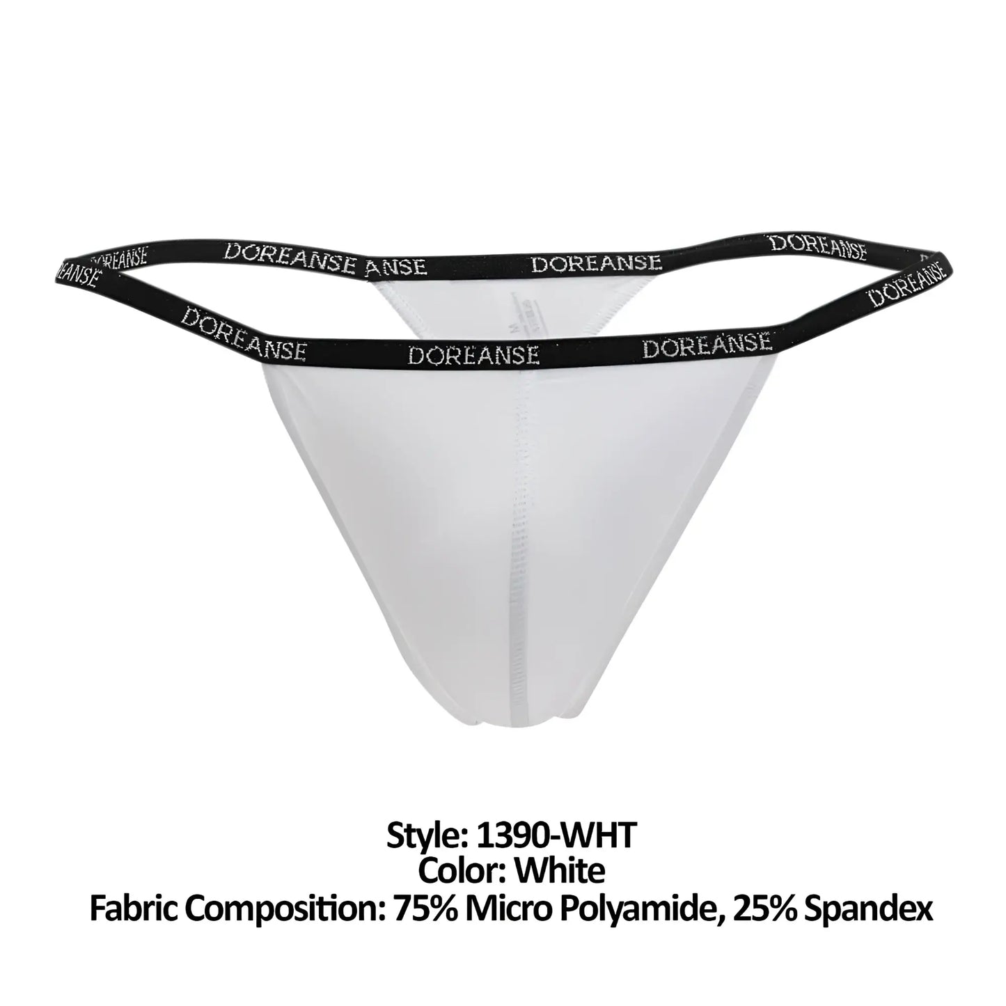 White doreanse 1390-WHT aire thong with black elastic waistband featuring repeating doreanse lettering
