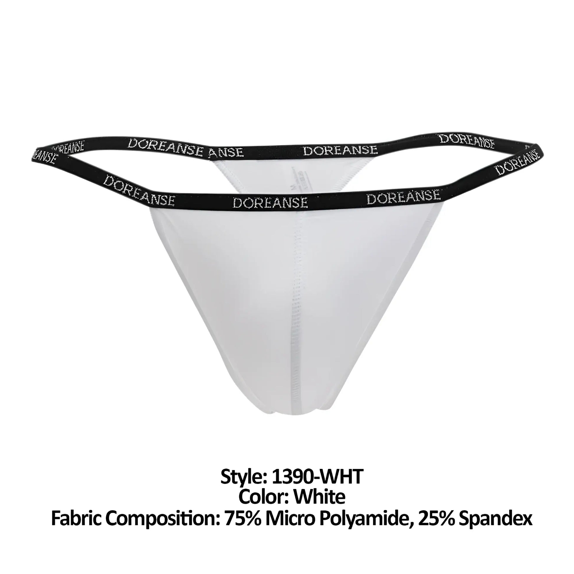 White doreanse 1390-WHT aire thong with black elastic waistband featuring repeating doreanse lettering