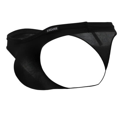 Black doreanse 1392-blk euro thong briefs with sheer mesh panel and elastic waistband shown from the back side