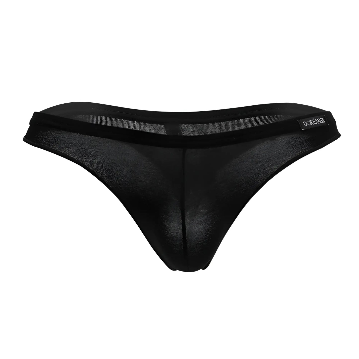 Black sheer mesh euro thong with solid black waistband and dorange embroidery in color black by doreanse
