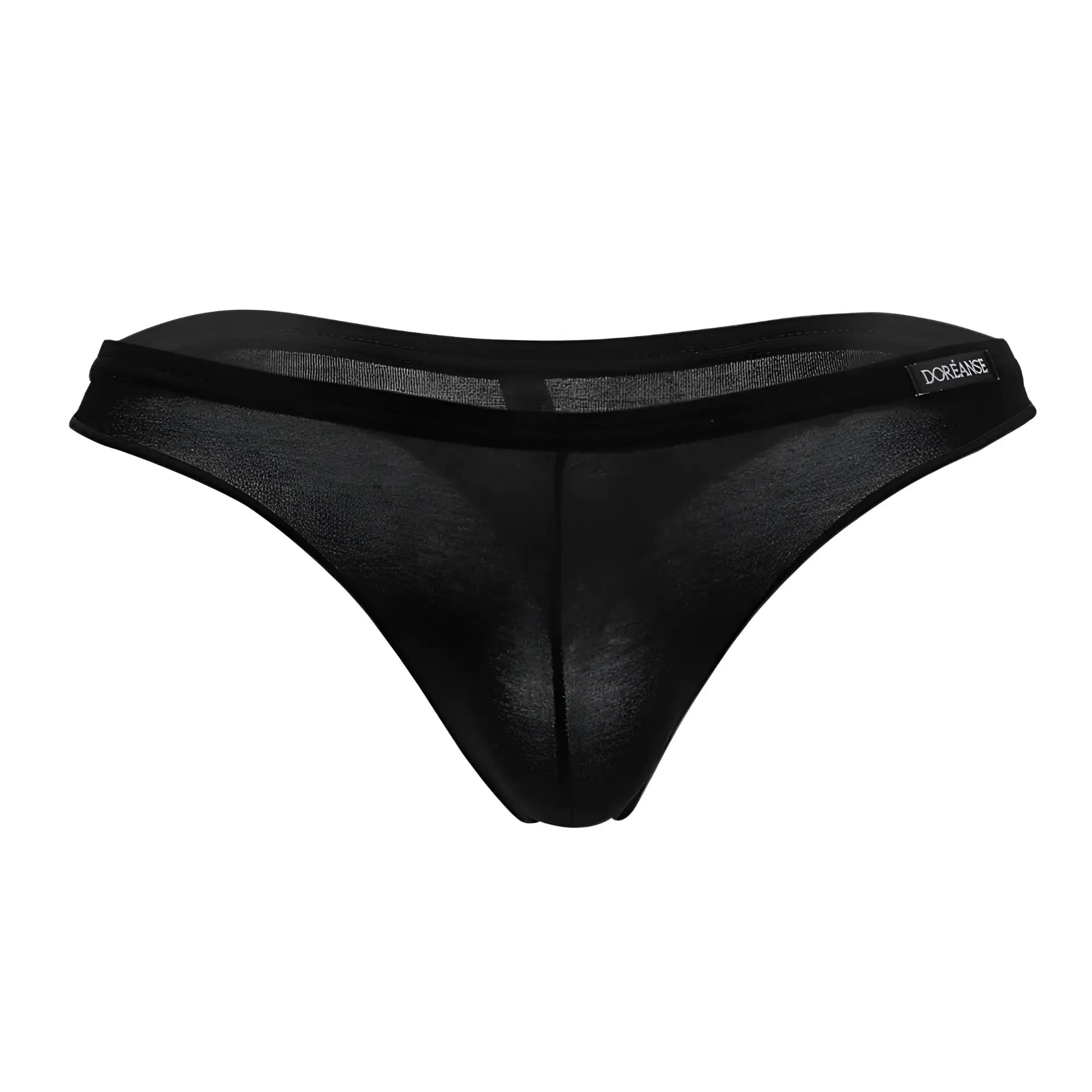 Black sheer mesh euro thong with solid black waistband and dorange embroidery in color black by doreanse