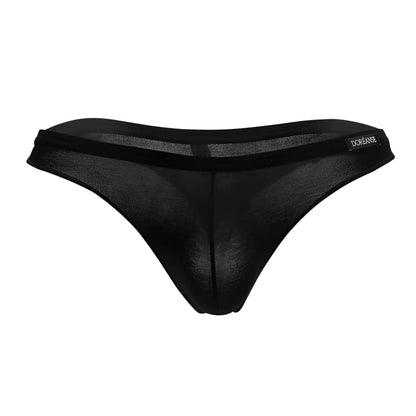 Black sheer mesh euro thong with solid black waistband and dorange embroidery in color black by doreanse