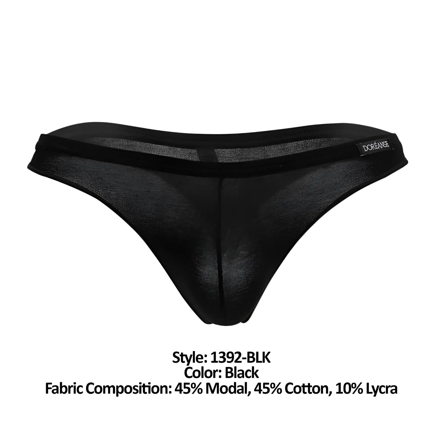 Black sheer thong with solid black waistband and dorance brand label from Doreanse 1392-BLK Euro Thong collection