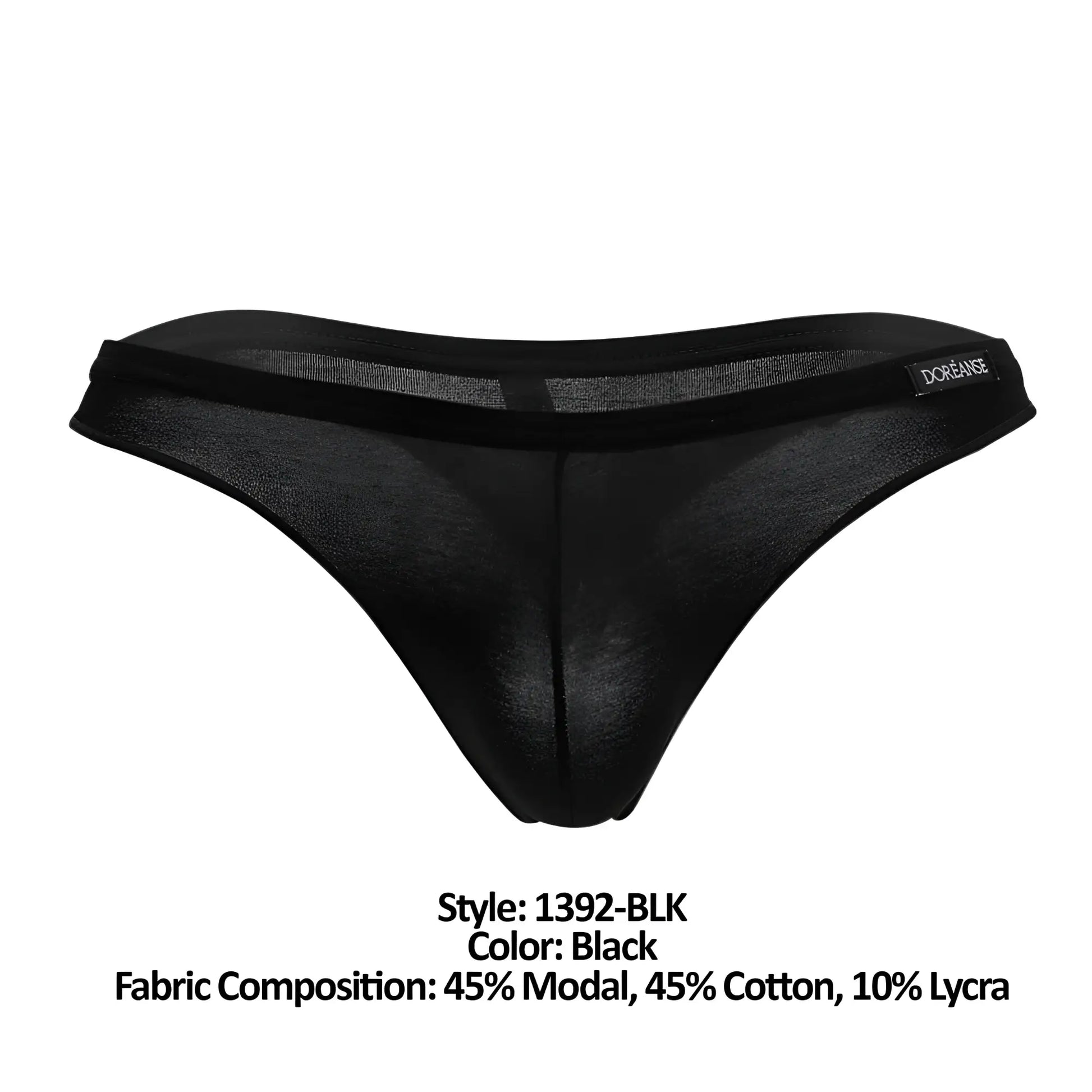 Black sheer thong with solid black waistband and dorance brand label from Doreanse 1392-BLK Euro Thong collection