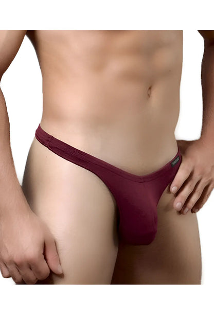 Maroon bordeaux doreanse 1392-brd euro thong made of smooth fabric with a subtle elastic waistband shown from the back