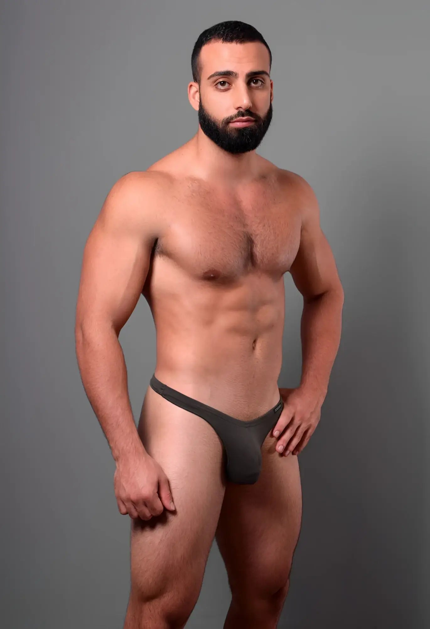 Dark gray seamless form-fitting euro thong with narrow waistband and smooth fabric by doreanse color smoke