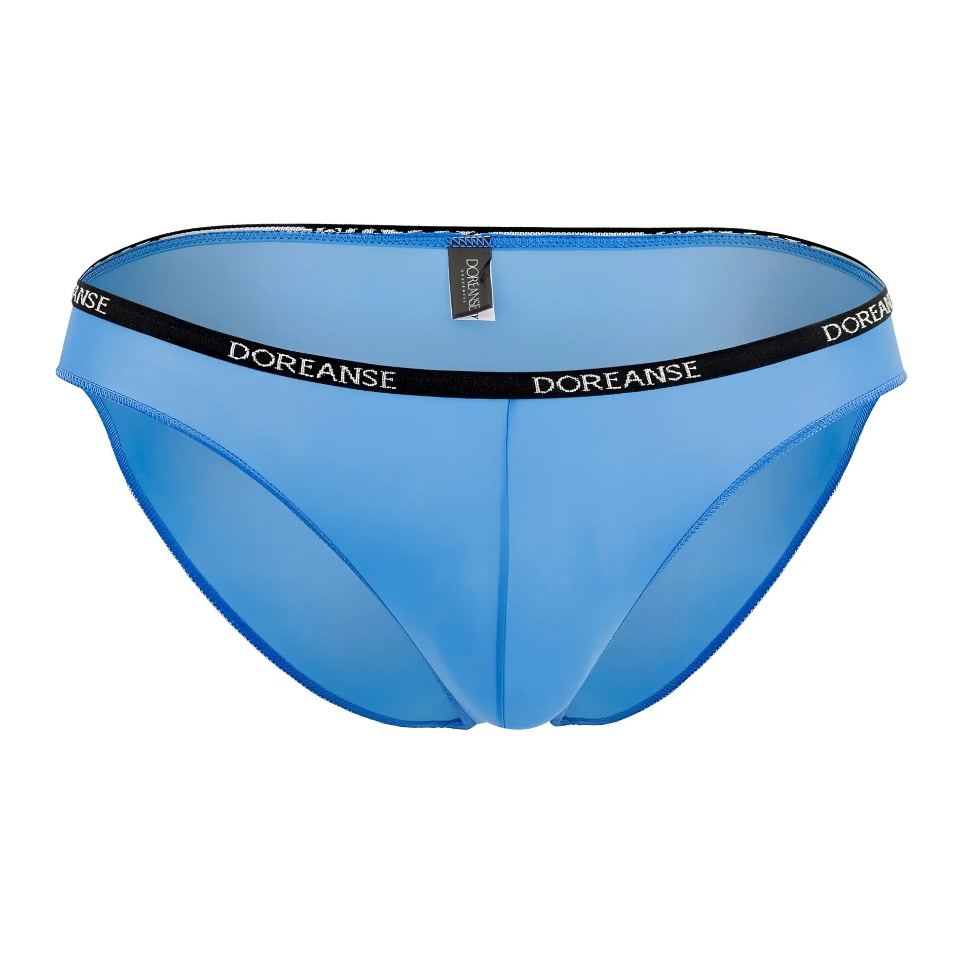 Light blue doreanse 1395-blu aire bikini briefs with a black waistband and white brand lettering in cobalt blue color