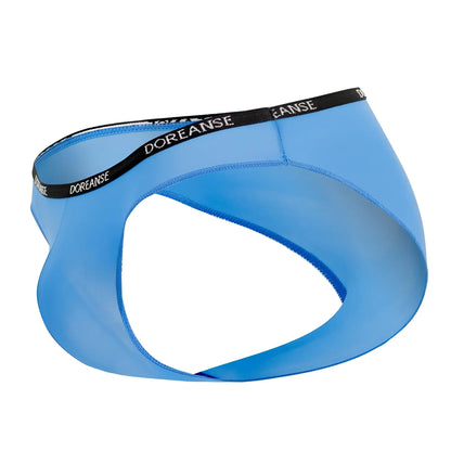 Light blue sheer doreanse 1395-BLU aire bikini briefs with black waistband and white brand lettering cobalt blue