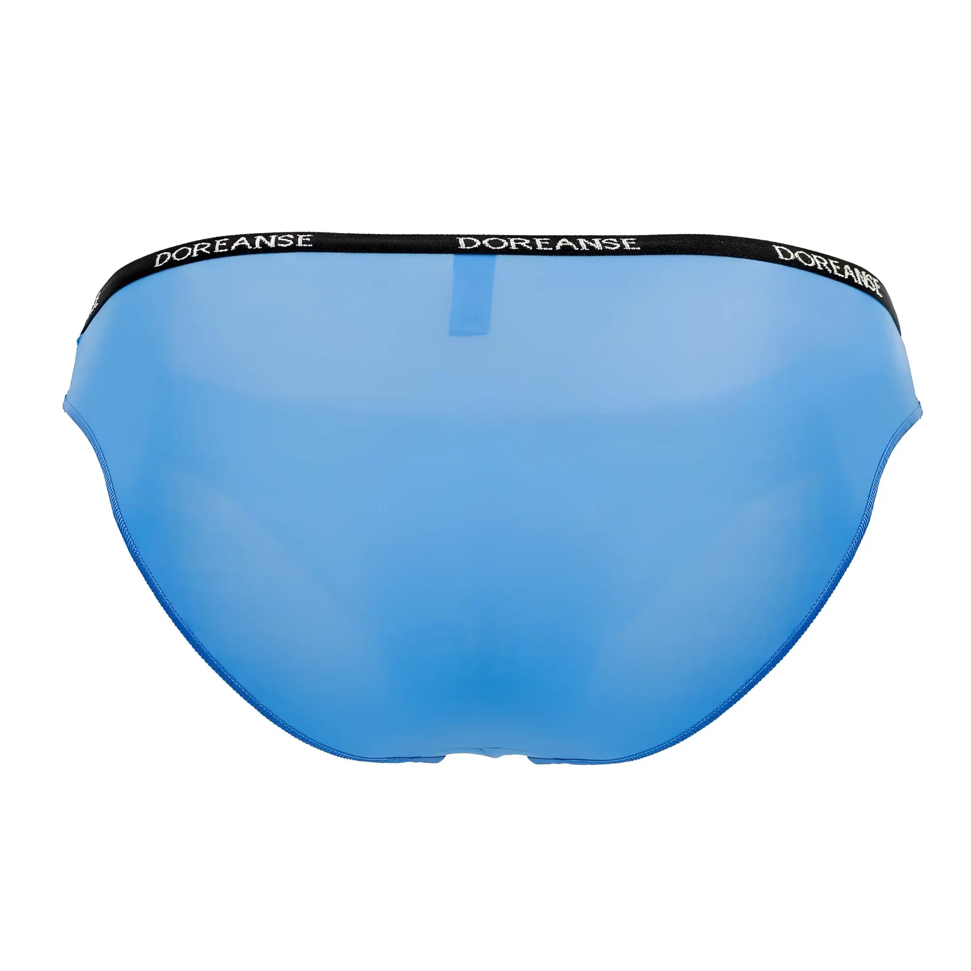 Blue translucent Doreanse 1395-BLU Aire bikini briefs with a black waistband and white doreanse logo in cobalt blue