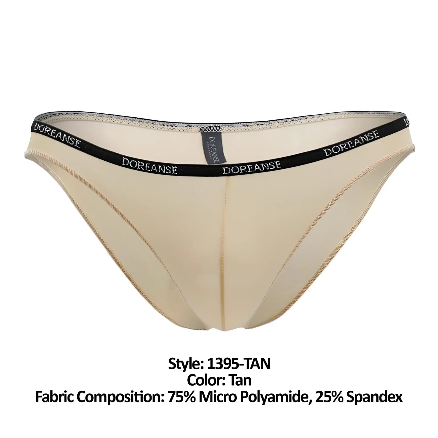 Tan doreanse 1395-tan aire bikini briefs in tan made of 75 percent micro polyamide 25 percent spandex with black branded waistband