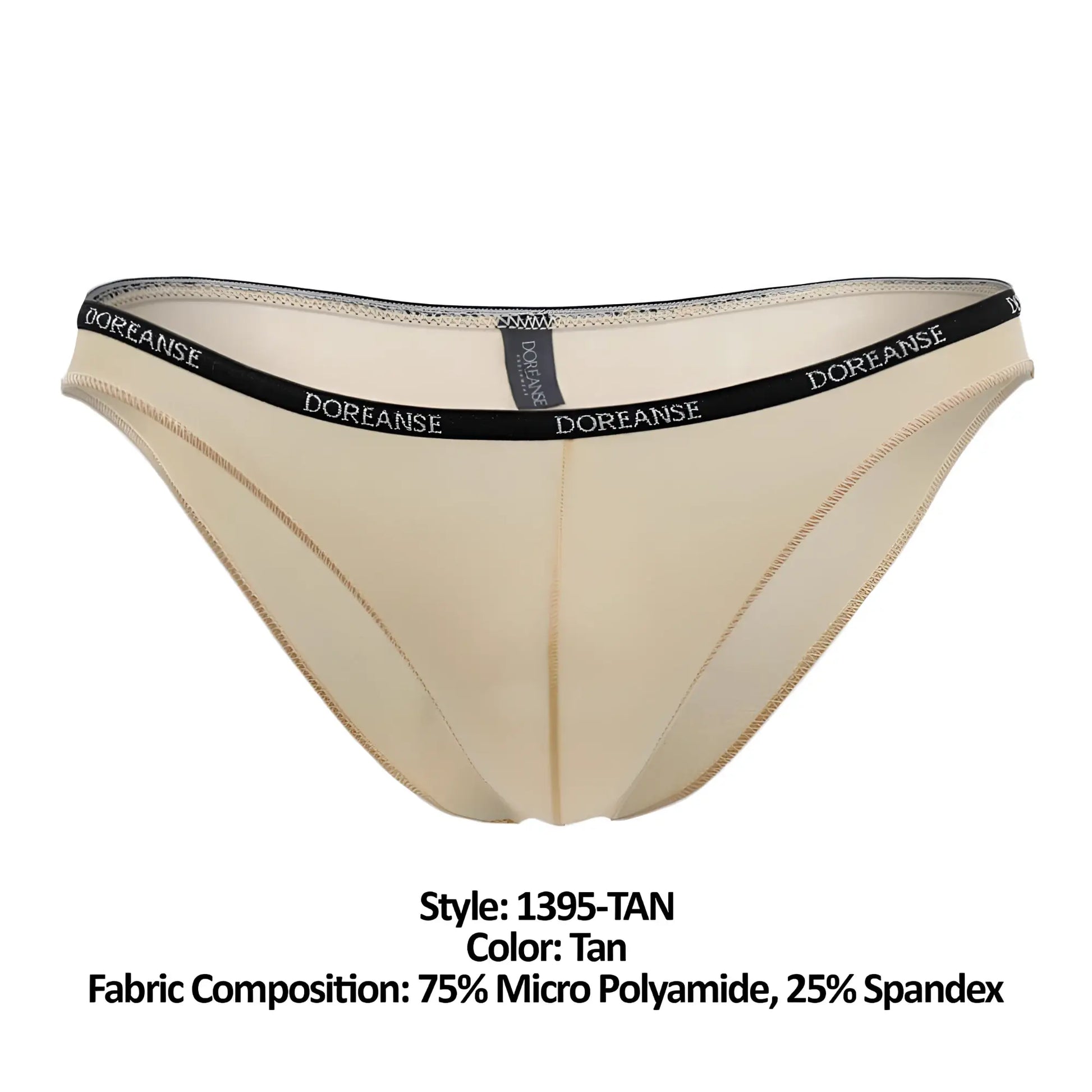 Tan doreanse 1395-tan aire bikini briefs in tan made of 75 percent micro polyamide 25 percent spandex with black branded waistband
