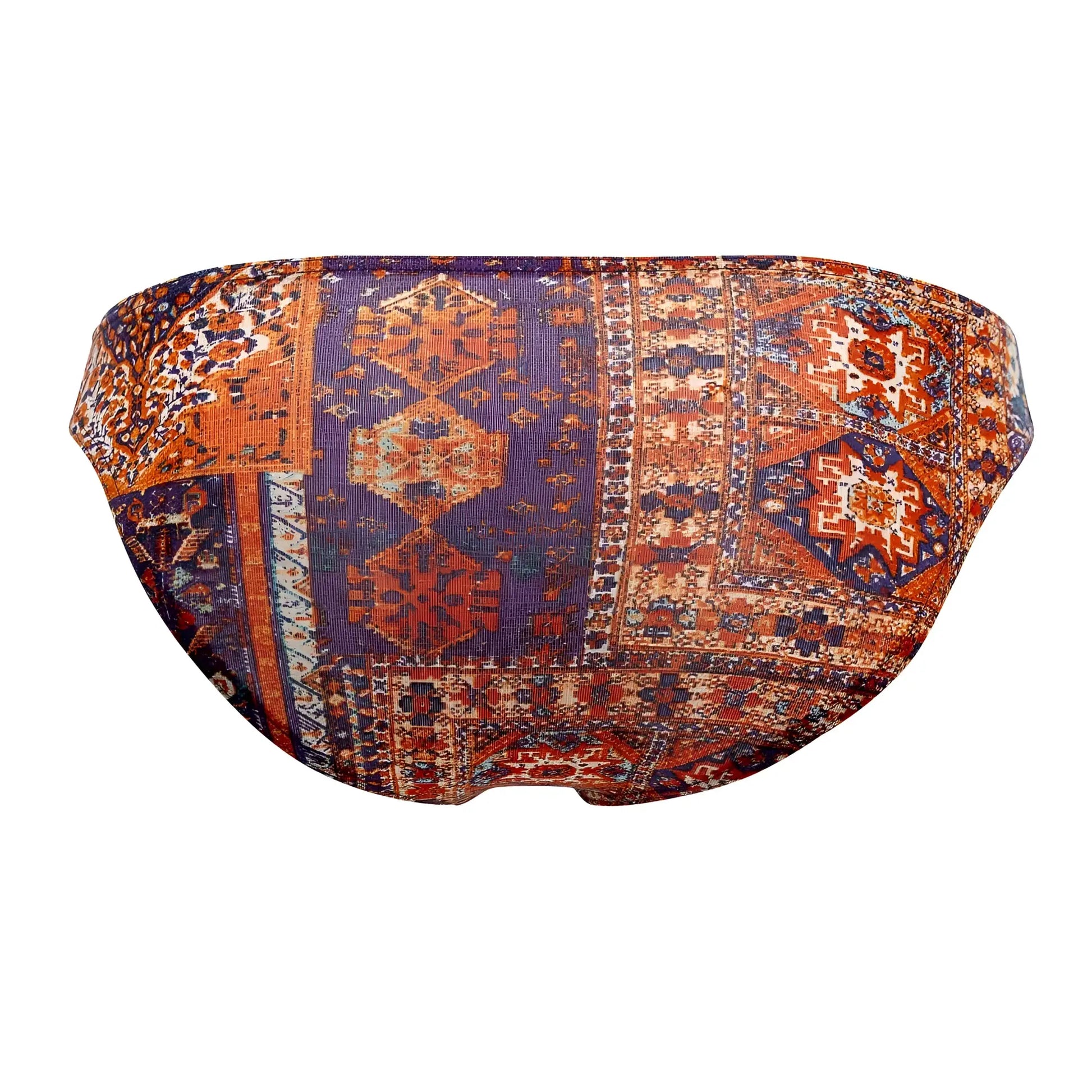A pair of doreanse 1403-prn persian briefs color printed bikini bottoms with vibrant patchwork in orange purple and brown
