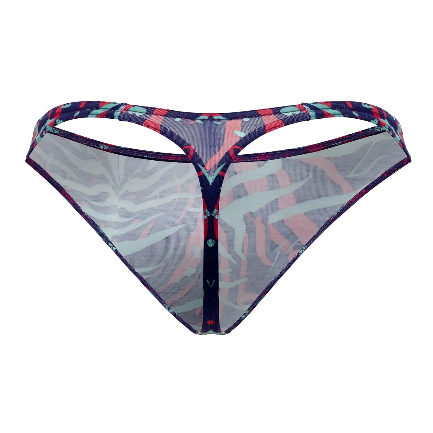 Doreanse 1406-PRN submarine thong sheer patterned with vibrant red and blue geometric waistband design front view