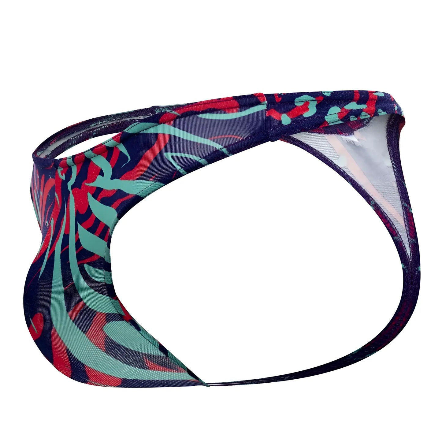 Doreanse 1406-prn submarine thong in navy blue with bold red and teal abstract leaf print for men