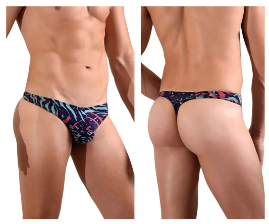 Doreanse 1406-prn submarine thong featuring vibrant tropical leaf pattern in navy blue teal and pink colors