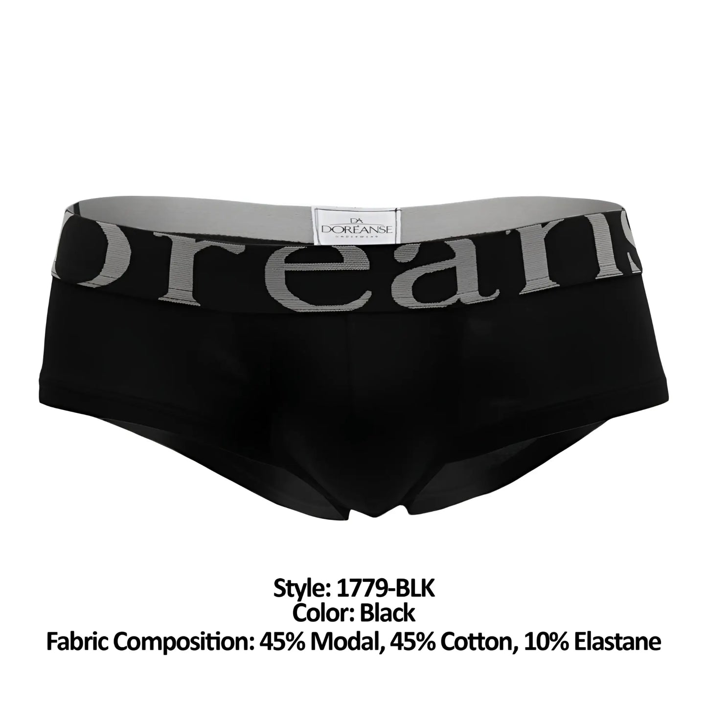 Black doreanse 1779-BLK pouch mini trunk briefs with gray elastic waistband featuring bold doreanse branding