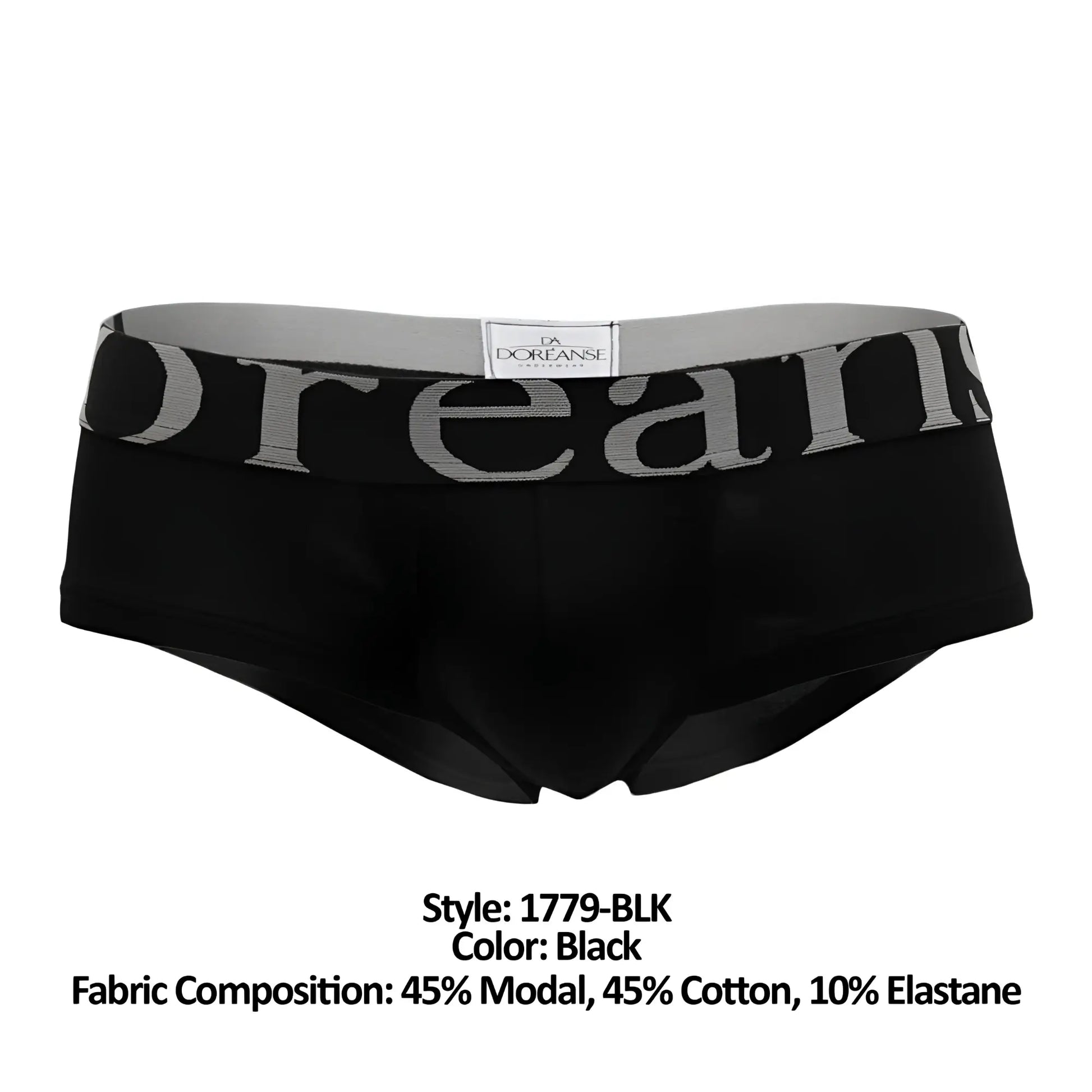 Black doreanse 1779-BLK pouch mini trunk briefs with gray elastic waistband featuring bold doreanse branding