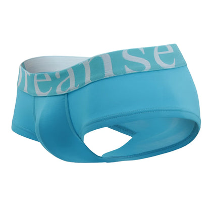 Light blue doreanse 1779-trq pouch mini trunk briefs with turquoise elastic waistband featuring dread lettering