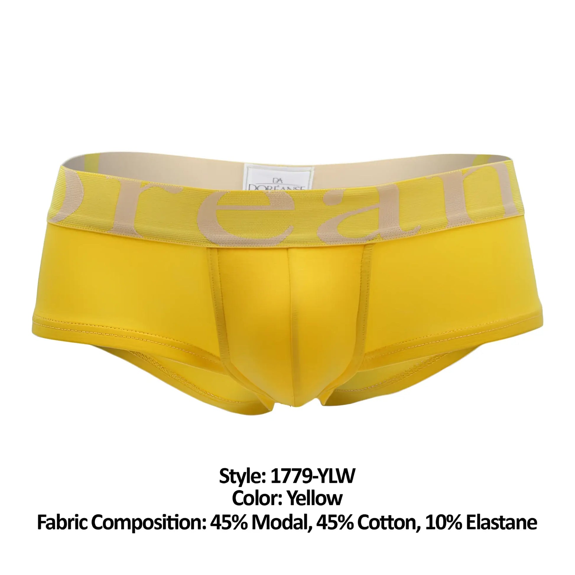 Bright yellow doreanse 1779-ylw men’s pouch mini trunk briefs with beige dream logo band and fabric label