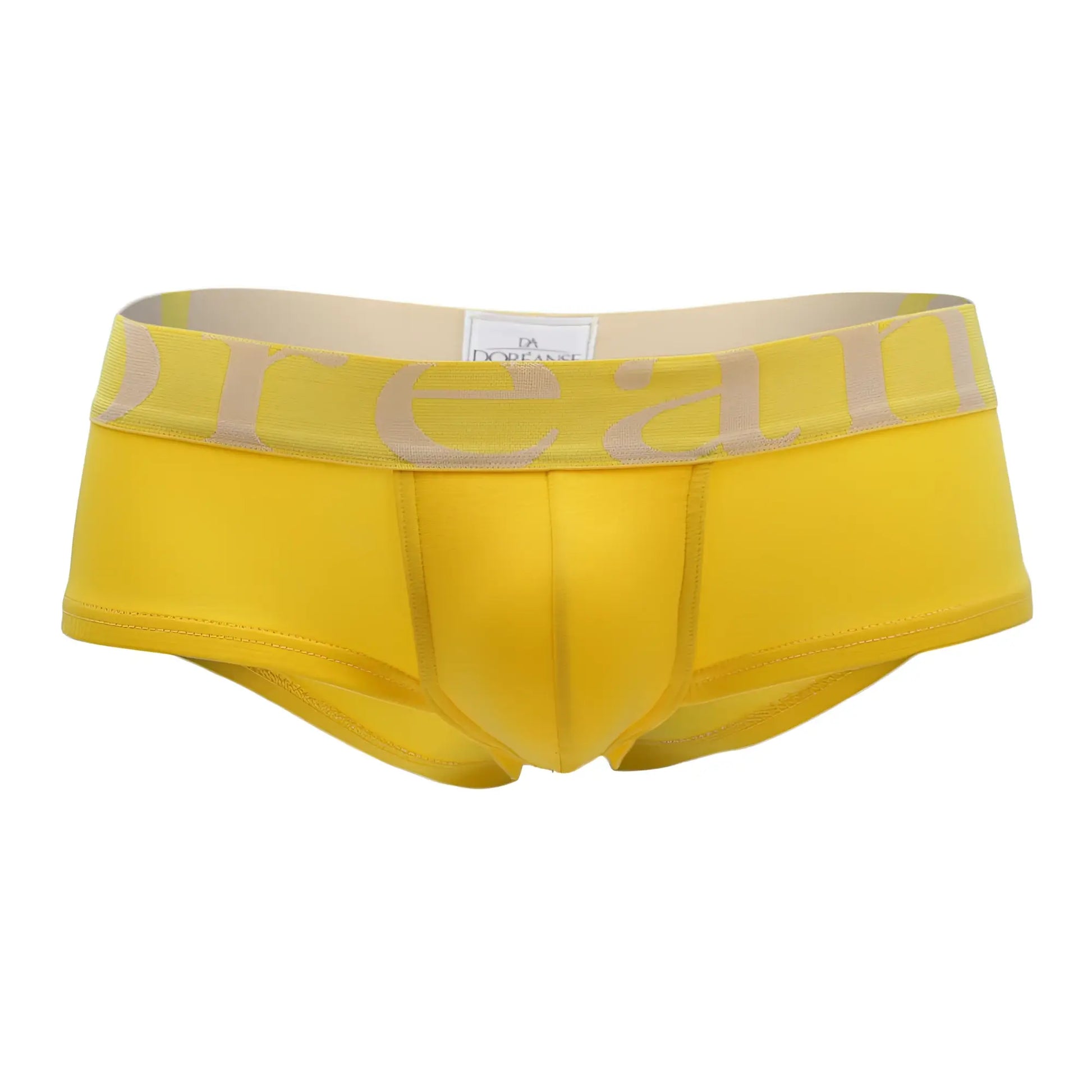 Doreanse 1779-YLW yellow men’s briefs with beige elastic waistband and dream lettering in light tan on front pouch trunk