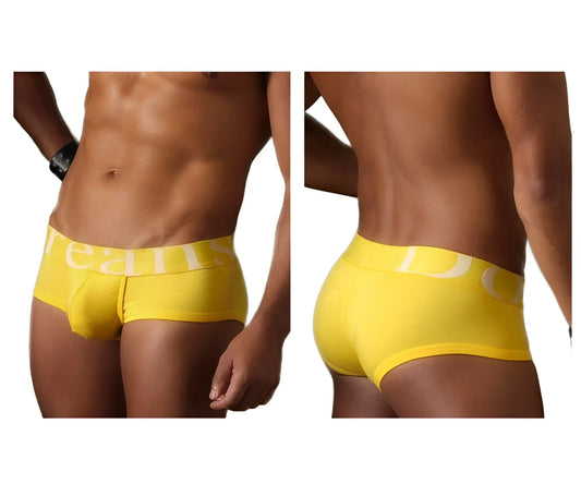 Bright yellow doreanse 1779-ylw pouch mini trunk briefs with white jeans logo on waistband for men