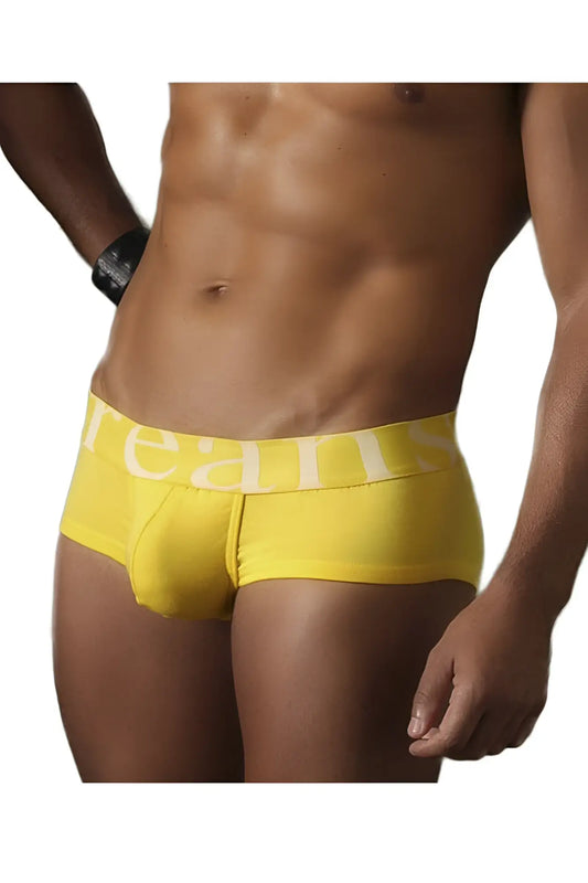 Bright yellow doreanse 1779-yIw pouch mini trunk briefs with white reans logo on waistband for men