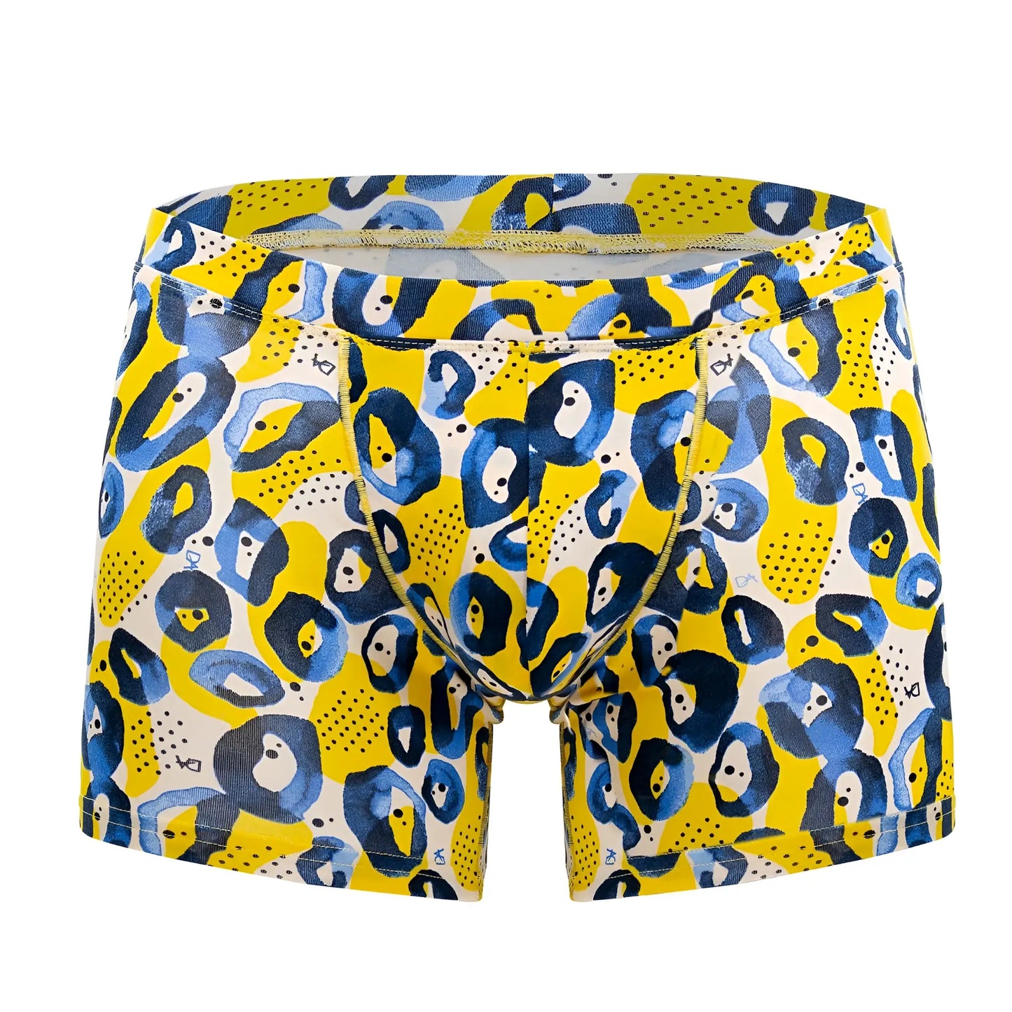 Bright yellow doreanse 1799-prn leopard art boxer briefs with bold blue and white abstract leopard print pattern