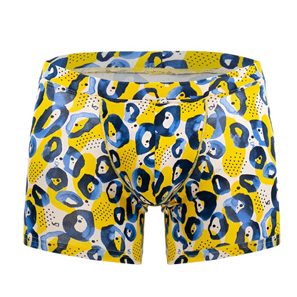 Bright yellow doreanse 1799-prn leopard art boxer briefs with bold blue and white abstract leopard print pattern