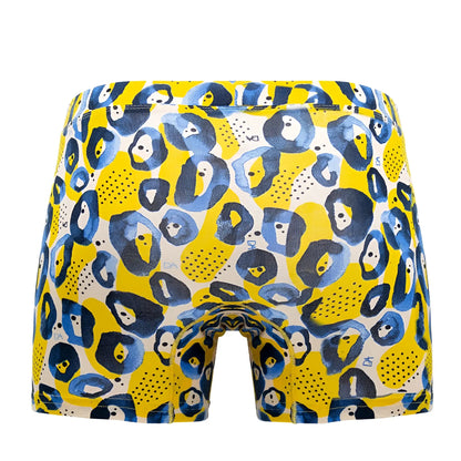 Doreanse 1799-prn leopard art boxer briefs in bright yellow and navy blue leopard print on a white base