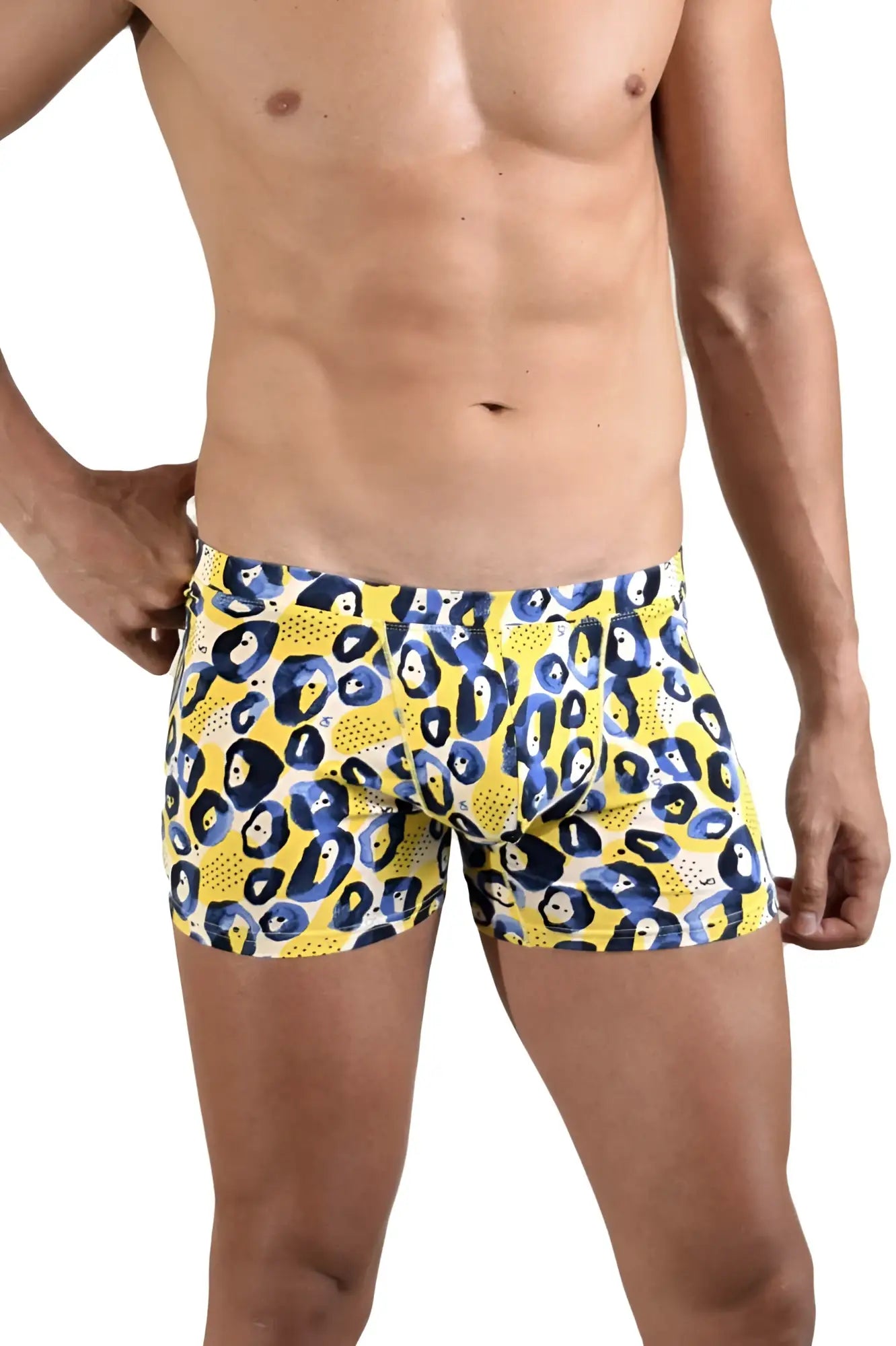 Yellow boxer briefs with bold blue and black leopard print by Doreanse 1799-PRN leopard art color printed design