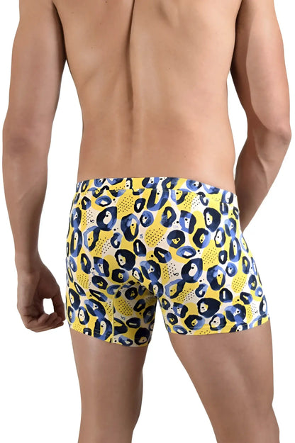 Doreanse 1799-PRN leopard art boxer briefs in yellow and navy blue with printed fabric for comfortable wear