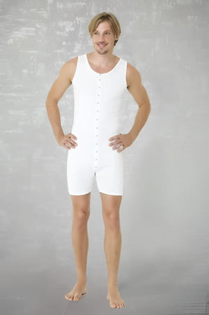 White sleeveless one-piece jumpsuit with button-front design from doreanse size s in smooth fabric