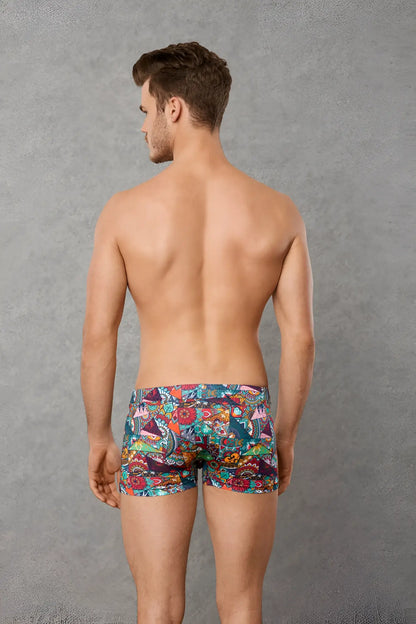 Doreanse patchwork boxer brief underwear size m featuring colorful tropical and geometric patterns in teal red purple and orange