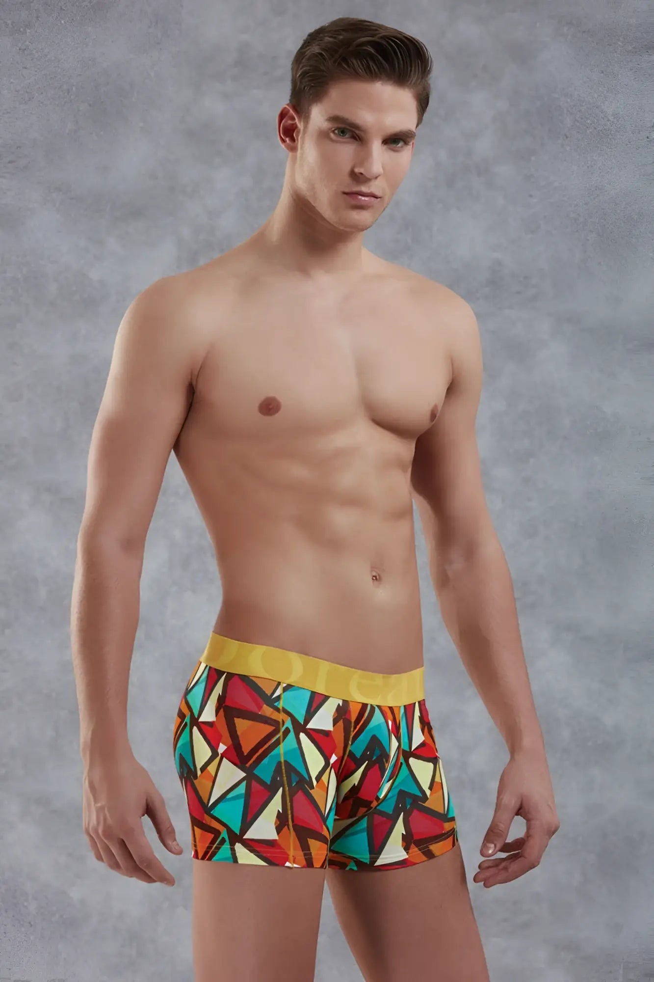 Doreanse Prisma boxer brief underwear size M with vibrant geometric pattern and bold yellow waistband