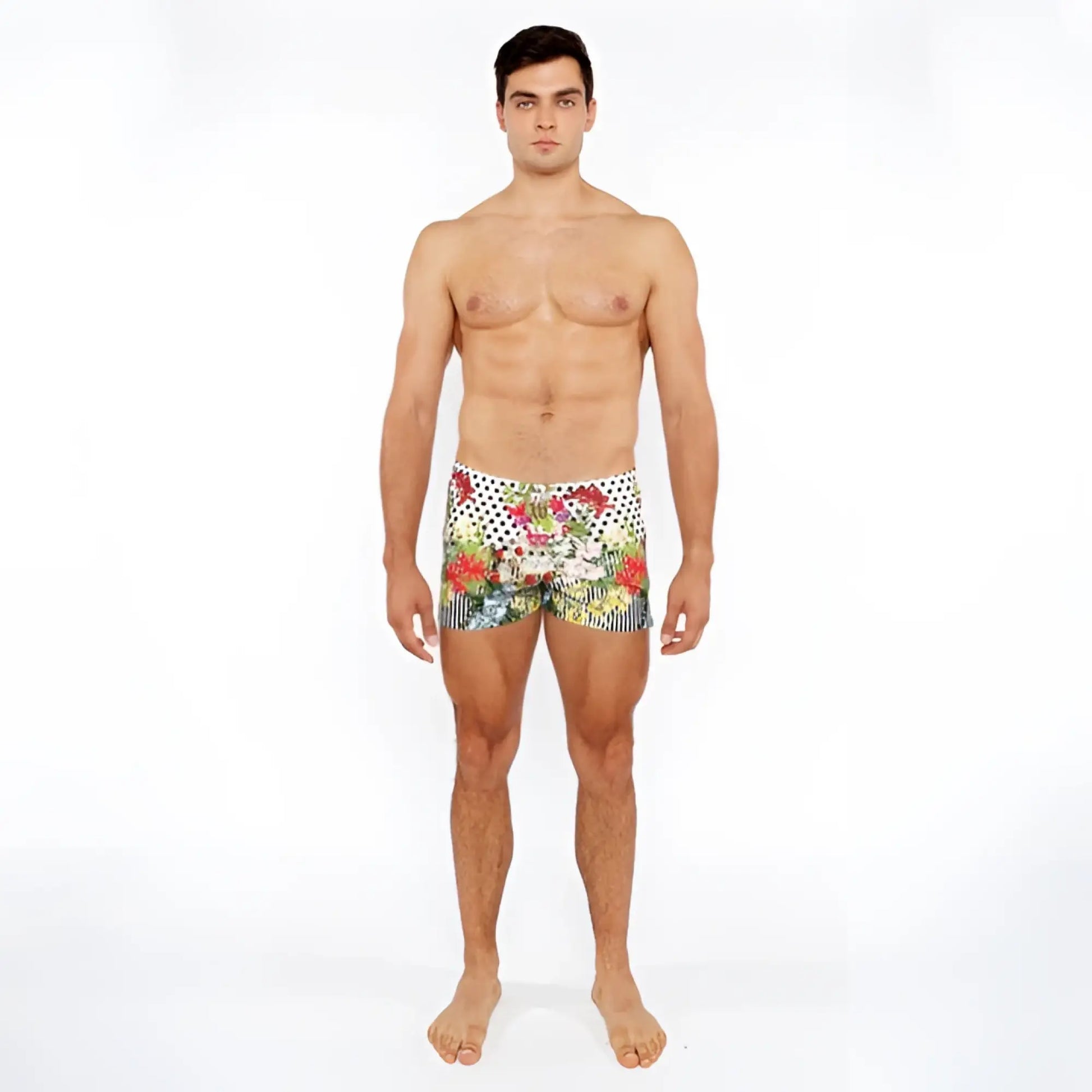 Men’s dots abstract printed swim shorts with vibrant floral and polka dot pattern for summer beachwear