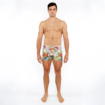 Men’s dots abstract printed swim shorts with vibrant floral and polka dot pattern for summer beachwear