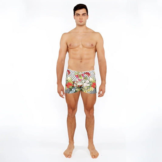 Men’s dots abstract printed swim shorts with vibrant floral and polka dot pattern for summer beachwear