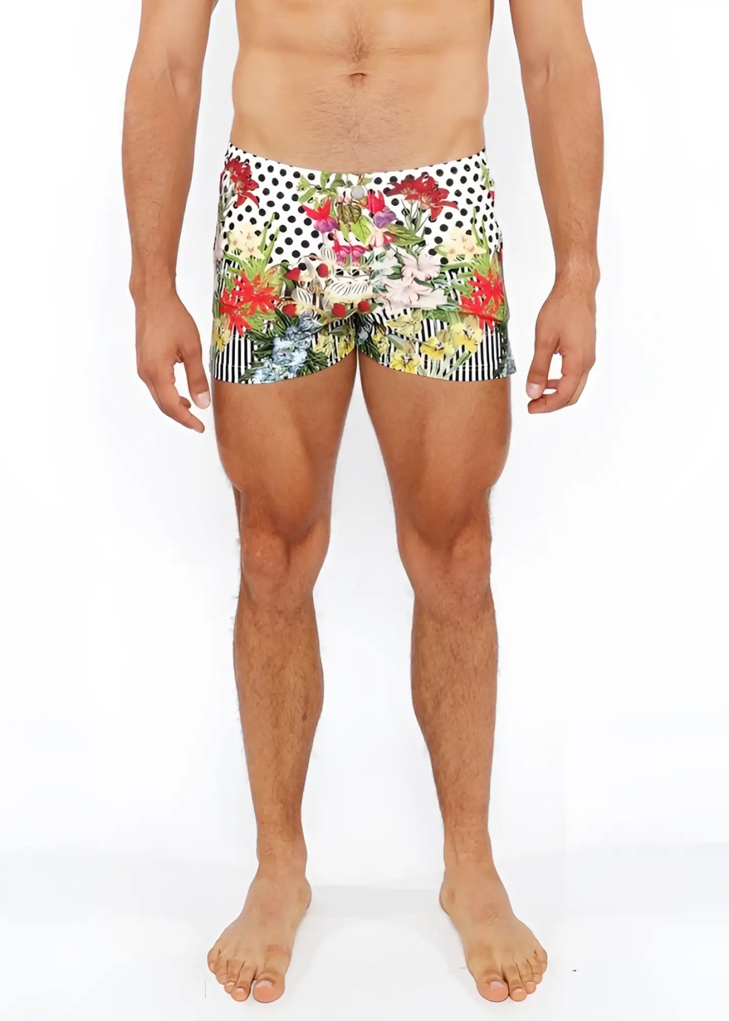 Dots abstract printed swim short with vibrant floral and polka dot pattern in white red green and black colors