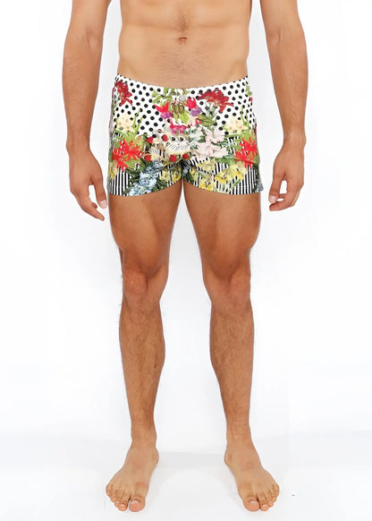 Dots abstract printed swim short with vibrant floral and polka dot pattern in white red green and black colors