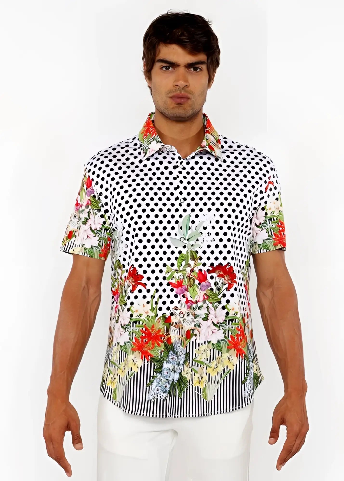 Dots abstract s/s woven modal border shirt with white base black polka dots and red floral pattern on lower front hem