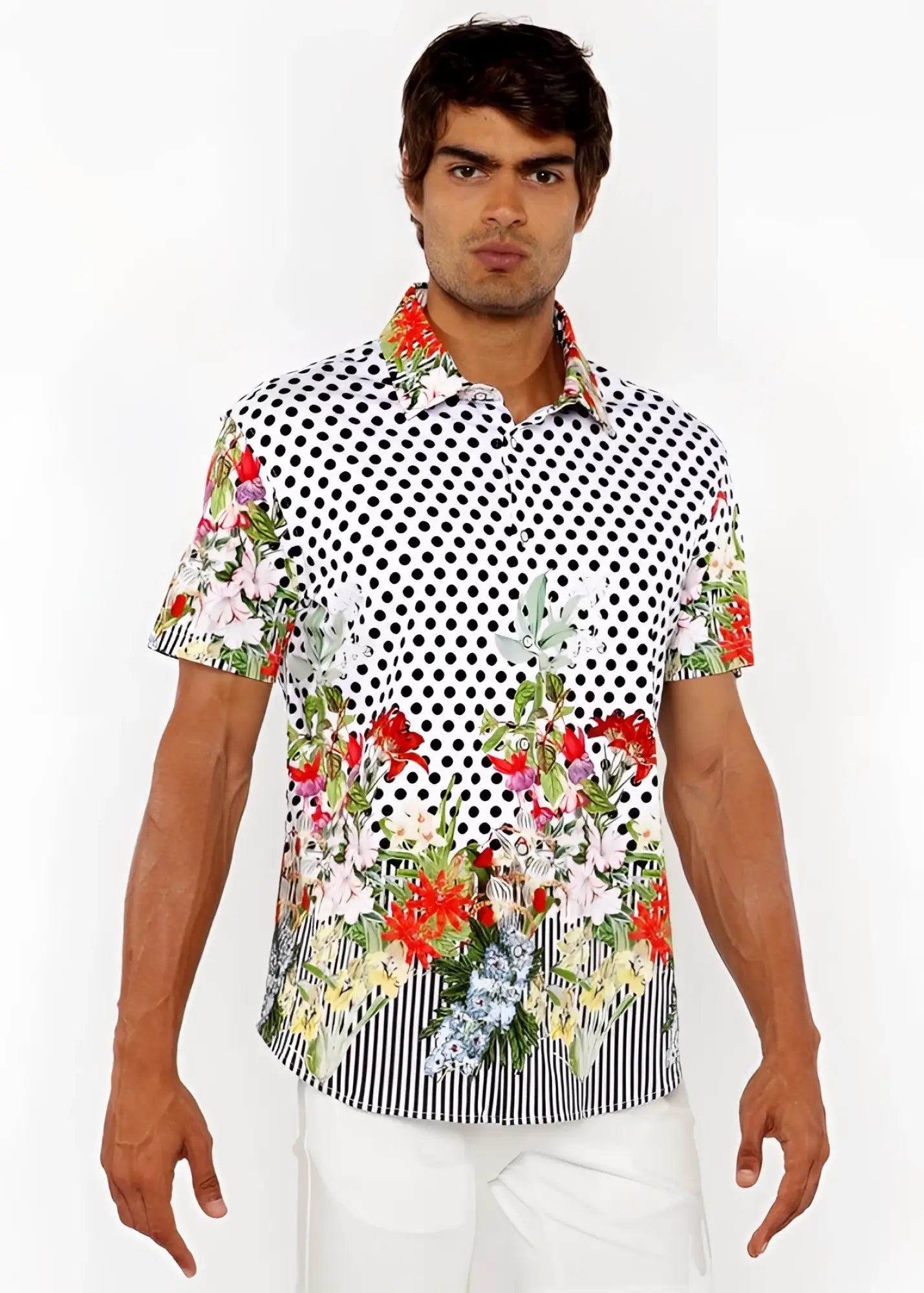 Dots abstract s s woven modal border shirt featuring black polka dots on white with colorful floral sleeves and hem