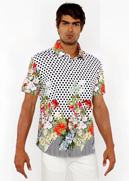 Dots abstract s s woven modal border shirt featuring black polka dots on white with colorful floral sleeves and hem