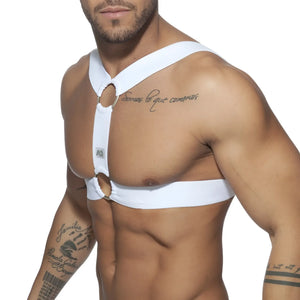 White adjustable chest harness with metal double rings and a small logo tag for secure wearable use