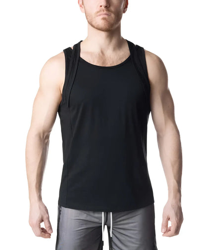 Black sleeveless athletic double top tank top with round neckline and subtle side seam detailing