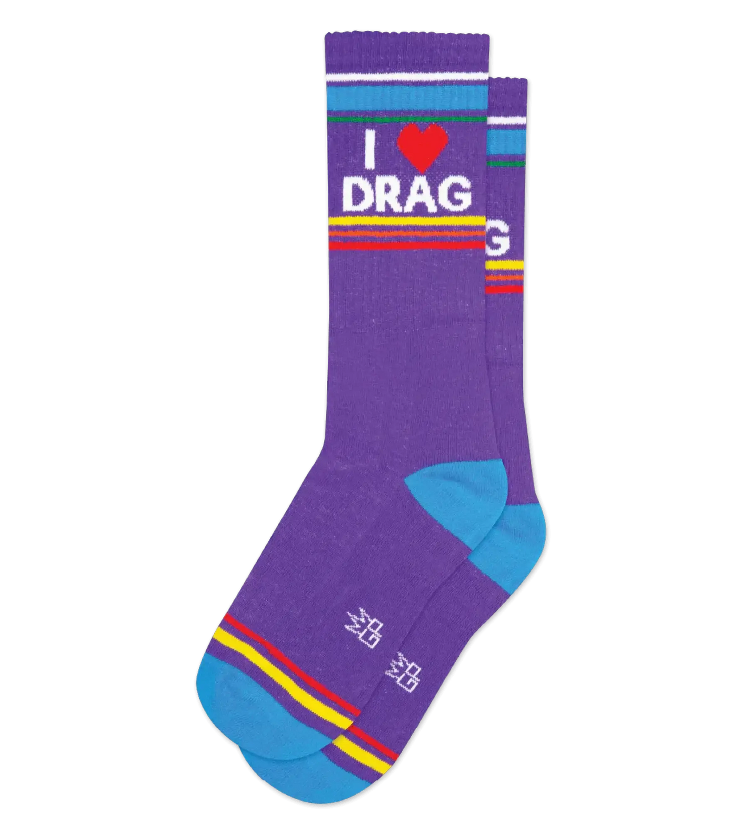 Purple i love drag crew socks with colorful blue red and yellow stripes and bright turquoise toe caps