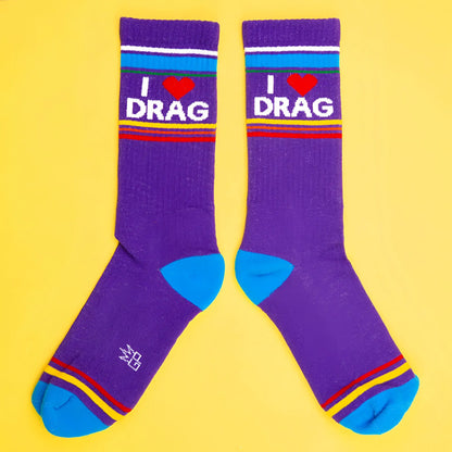 Purple i love drag crew socks with white lettering red heart blue toe caps and colorful striped bands for casual wear
