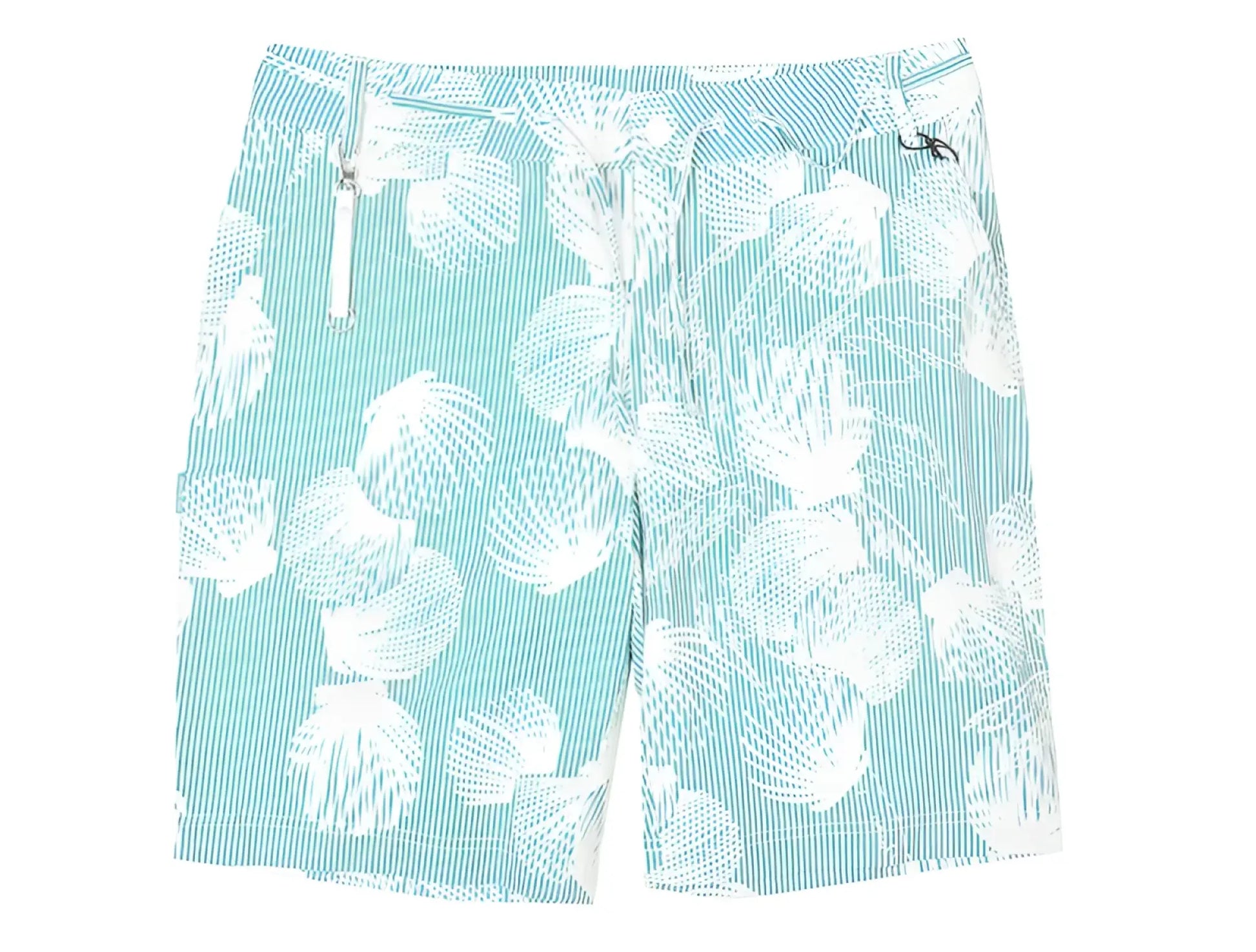 Dreamland short swim trunks in teal and white with seashell patterns and vertical stripes for beachwear