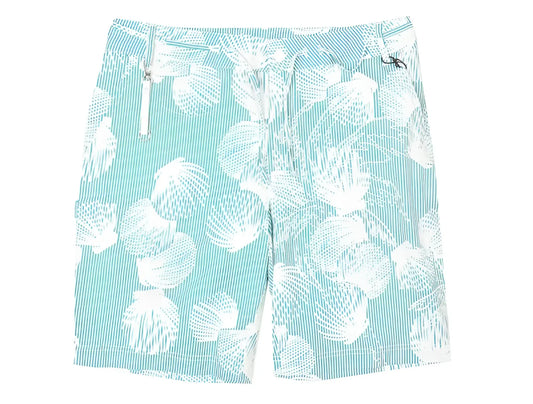 Dreamland short swim trunks in teal and white with seashell patterns and vertical stripes for beachwear