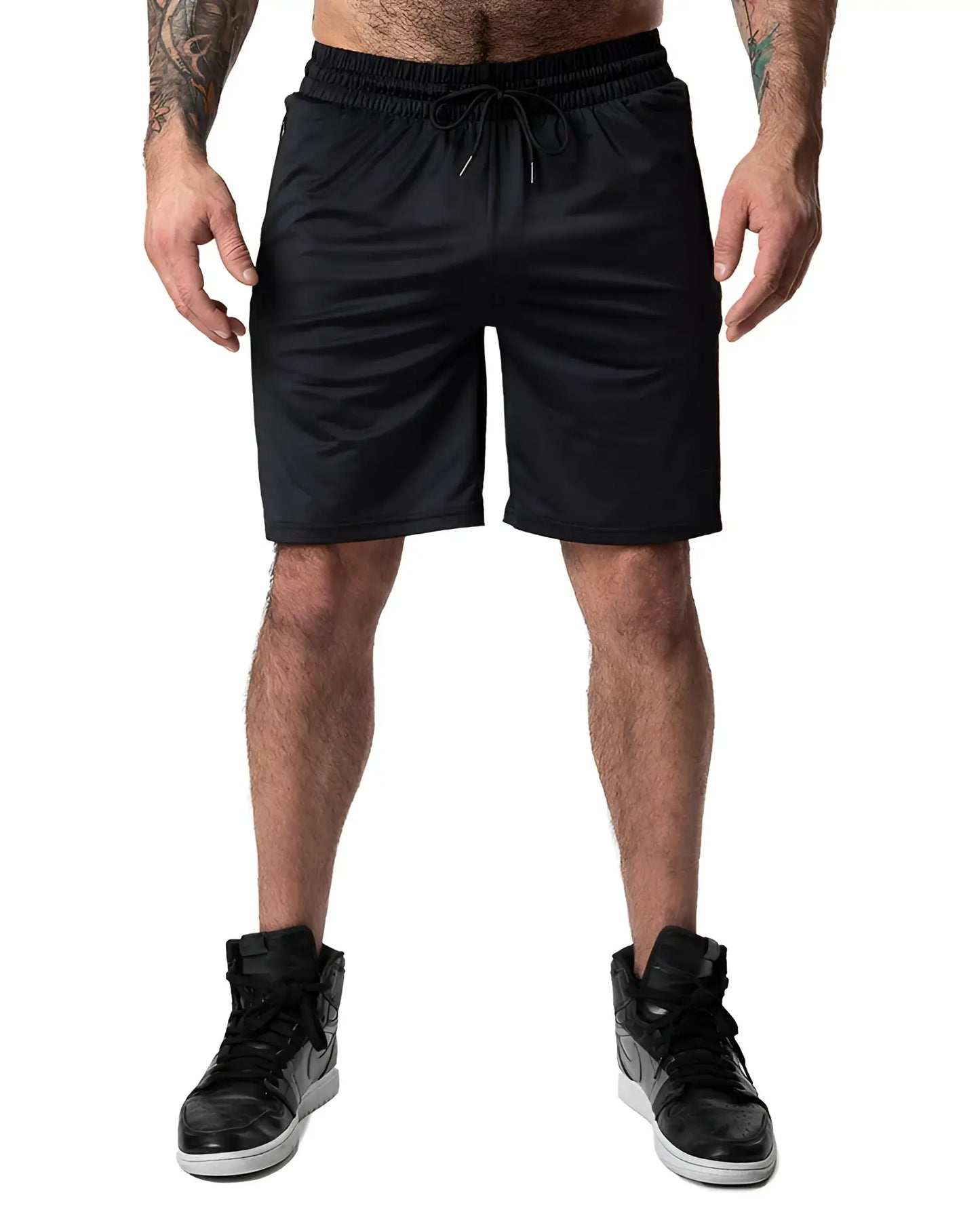 Black drill short athletic shorts with elastic waistband and drawstring designed for training and workouts